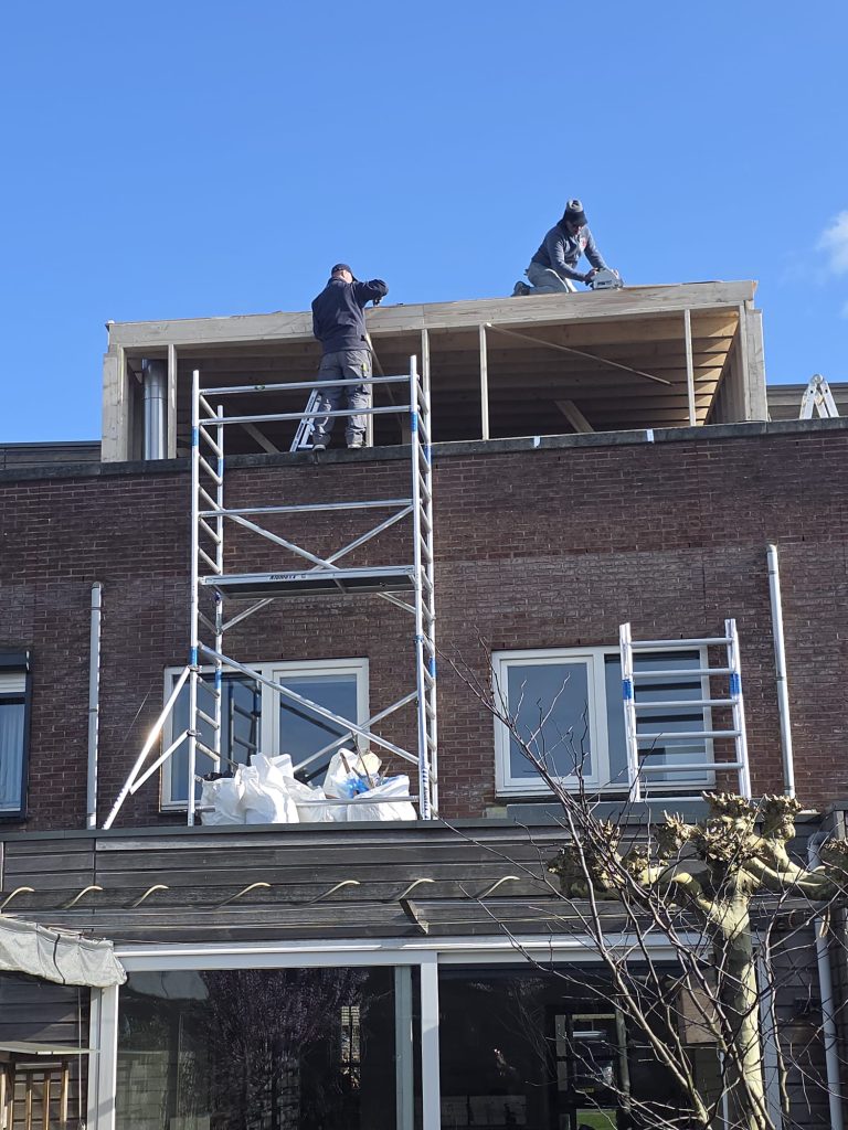 Twee bouwvakkers werken op dak met steiger
